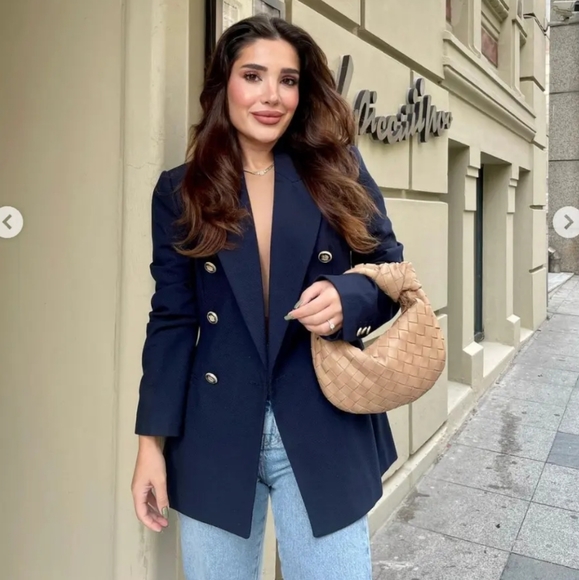 ZARA * DOUBLE BREASTED BLAZER NAVY PIQUE BLAZER - Picture 4 of 13